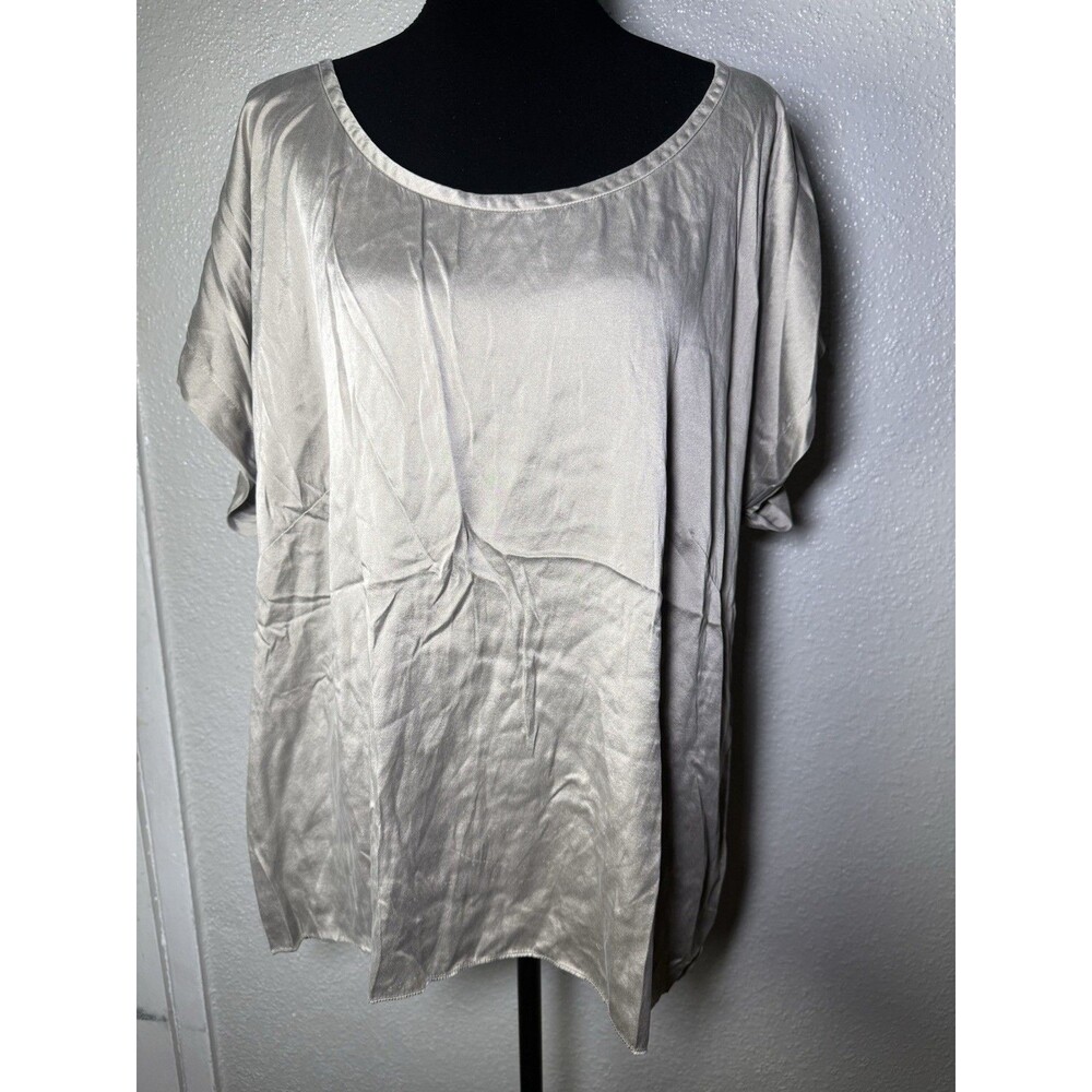 Eileen Fisher Women's 2X Gray Silk Satin Scoop Neck Blouse Short Sleeve *read*